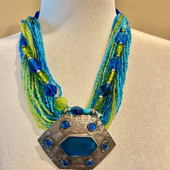 Boho Style Multi-strand Beaded Necklace Large Jeweled Metal Pendant Blue Green - Picture 1 of 9